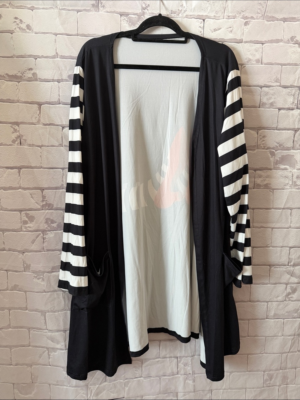 SHEIN Black Open-Front Cardigan with Black & White Striped Sleeves